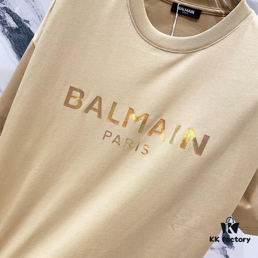 BALMAIN Crew Neck Short Sleeve T-Shirt 260g Classic Gold Foil Logo Print