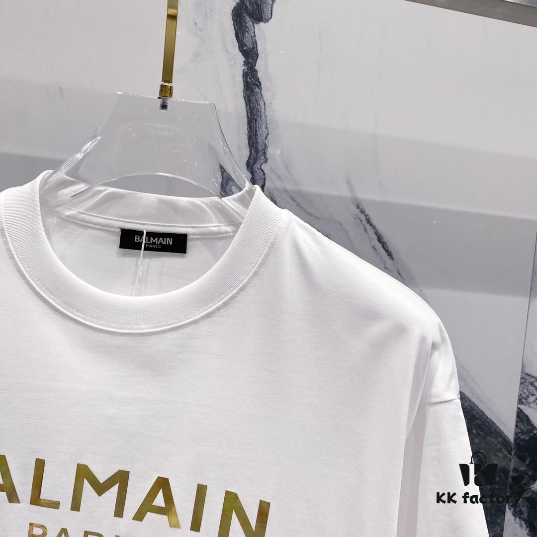 6931a4e6ccd8ab3d7af99382 BALMAIN Crew Neck Short Sleeve T-Shirt 260g Classic Gold Foil Logo Print