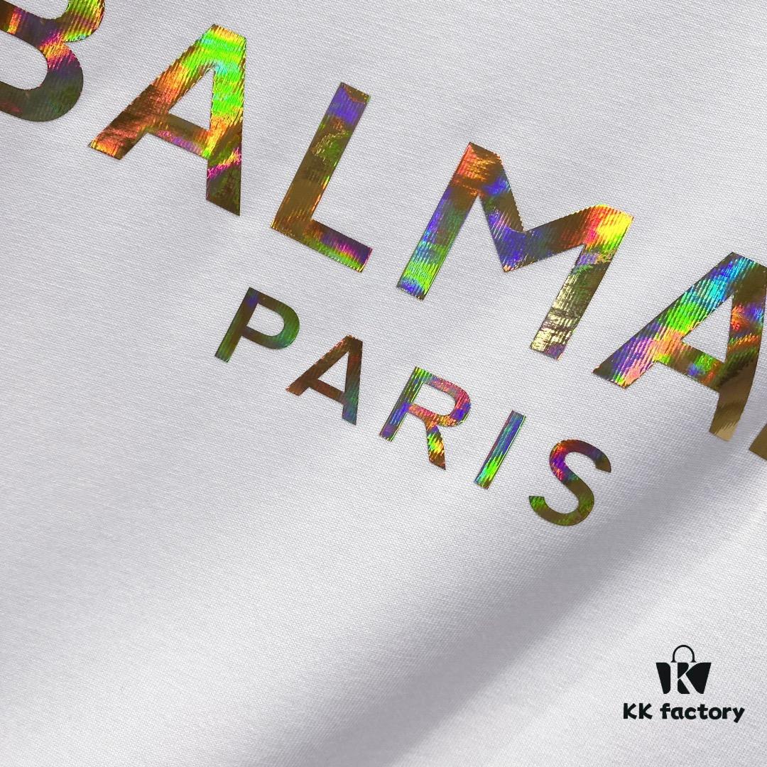 6931a4e6ccd8ab3d7af99384 BALMAIN Crew Neck Short Sleeve T-Shirt 260g Classic Gold Foil Logo Print