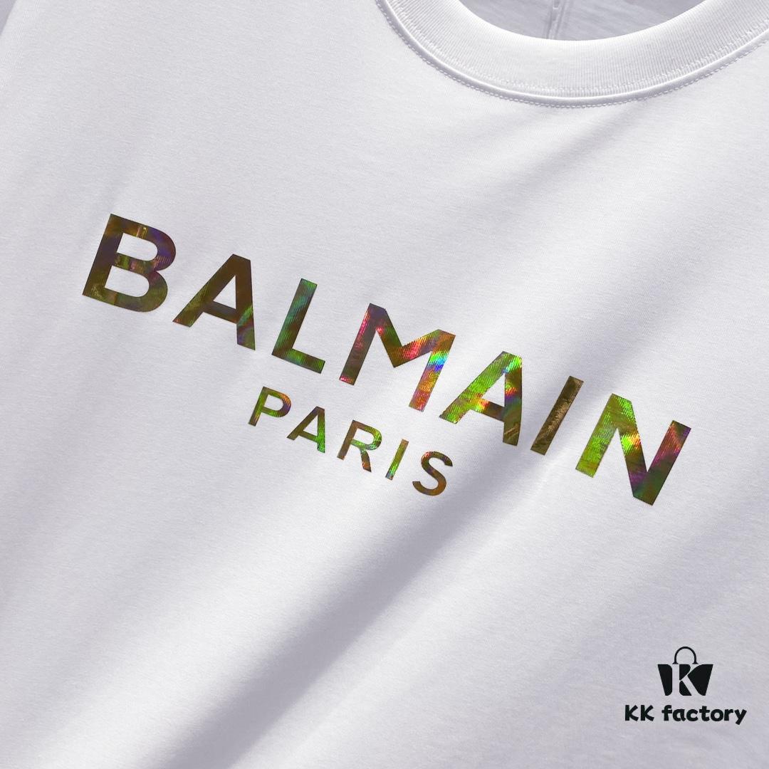 6931a4e6ccd8ab3d7af99385 BALMAIN Crew Neck Short Sleeve T-Shirt 260g Classic Gold Foil Logo Print