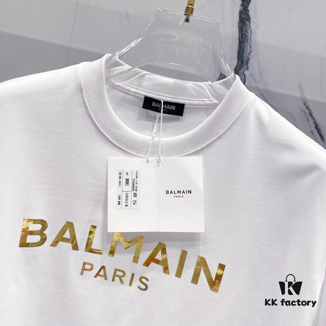 6931a4e6ccd8ab3d7af99386 BALMAIN Crew Neck Short Sleeve T-Shirt 260g Classic Gold Foil Logo Print