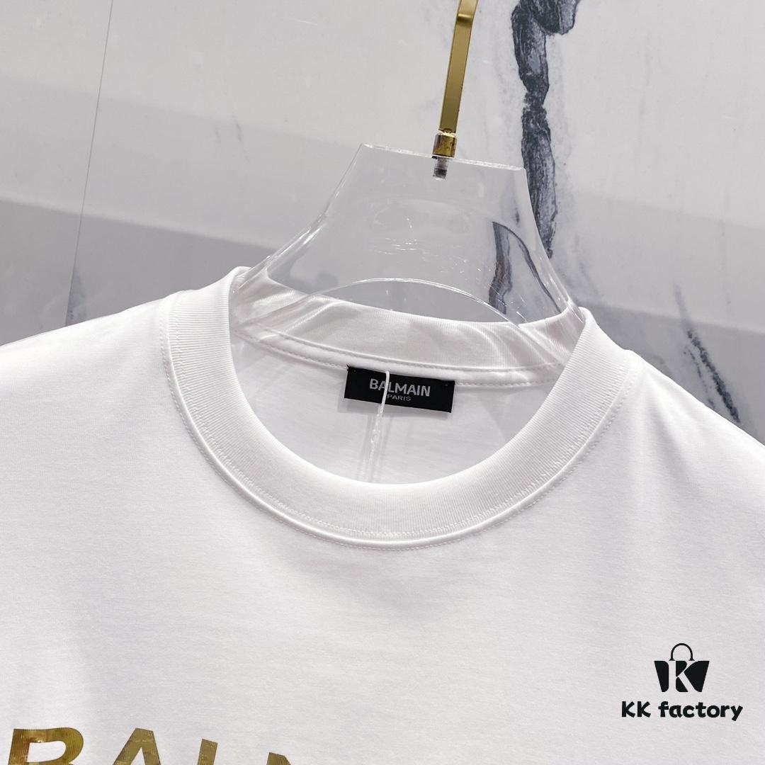 6931a4e6ccd8ab3d7af99389 BALMAIN Crew Neck Short Sleeve T-Shirt 260g Classic Gold Foil Logo Print