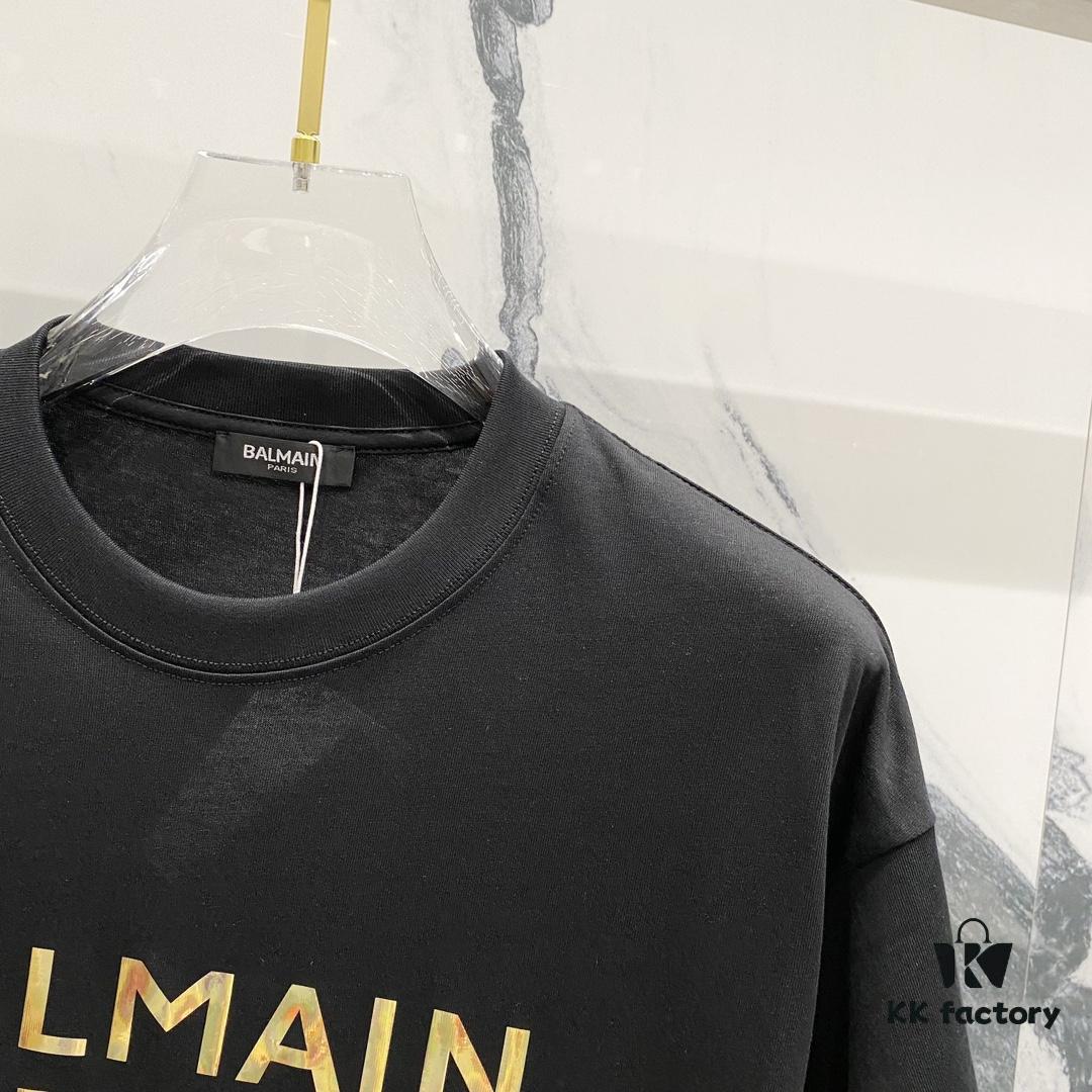 6931a4e7ccd8ab3d7af9938c BALMAIN 260g Crew Neck Short Sleeve T-Shirt with Classic Gold Foil Logo Print