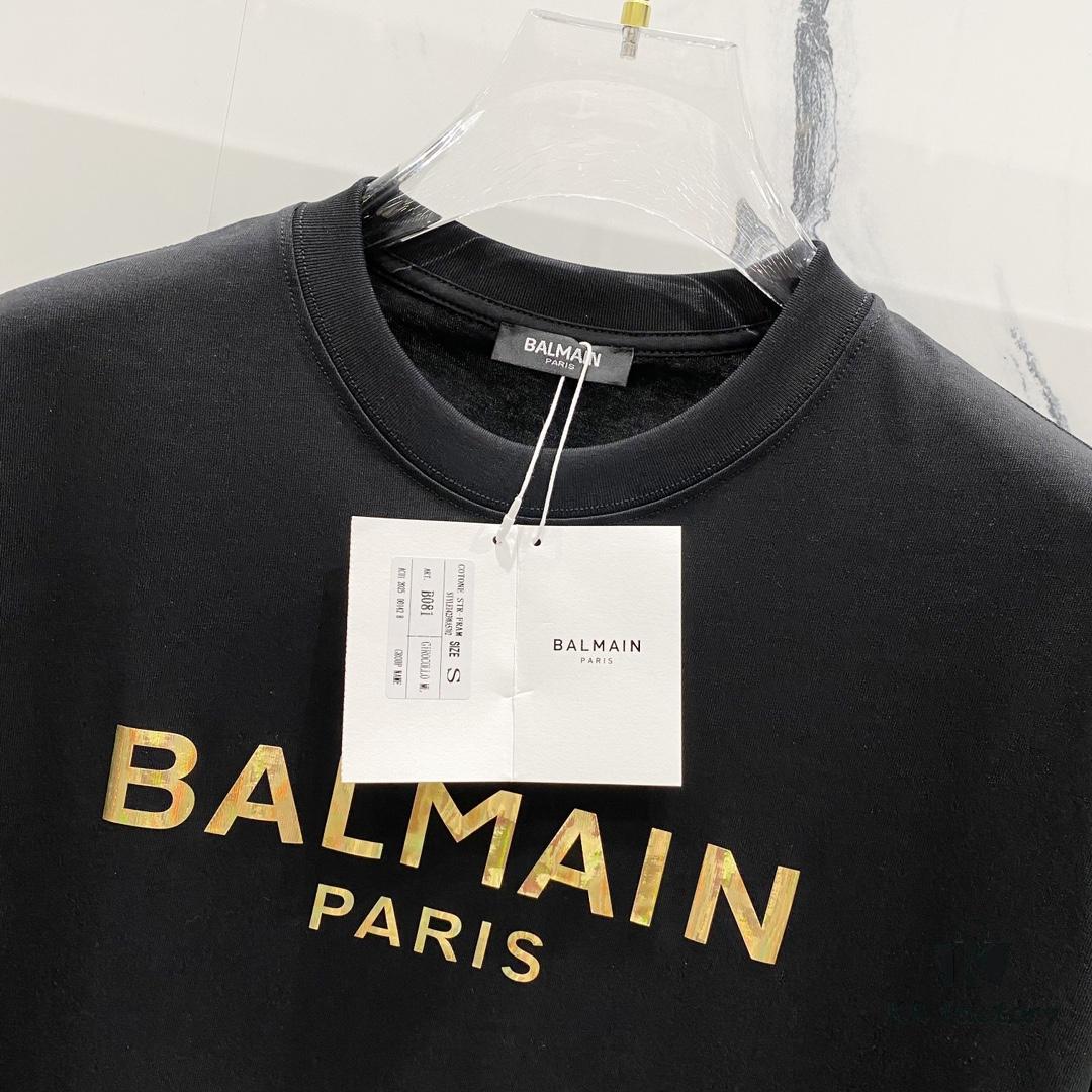 6931a4e7ccd8ab3d7af9938e BALMAIN 260g Crew Neck Short Sleeve T-Shirt with Classic Gold Foil Logo Print