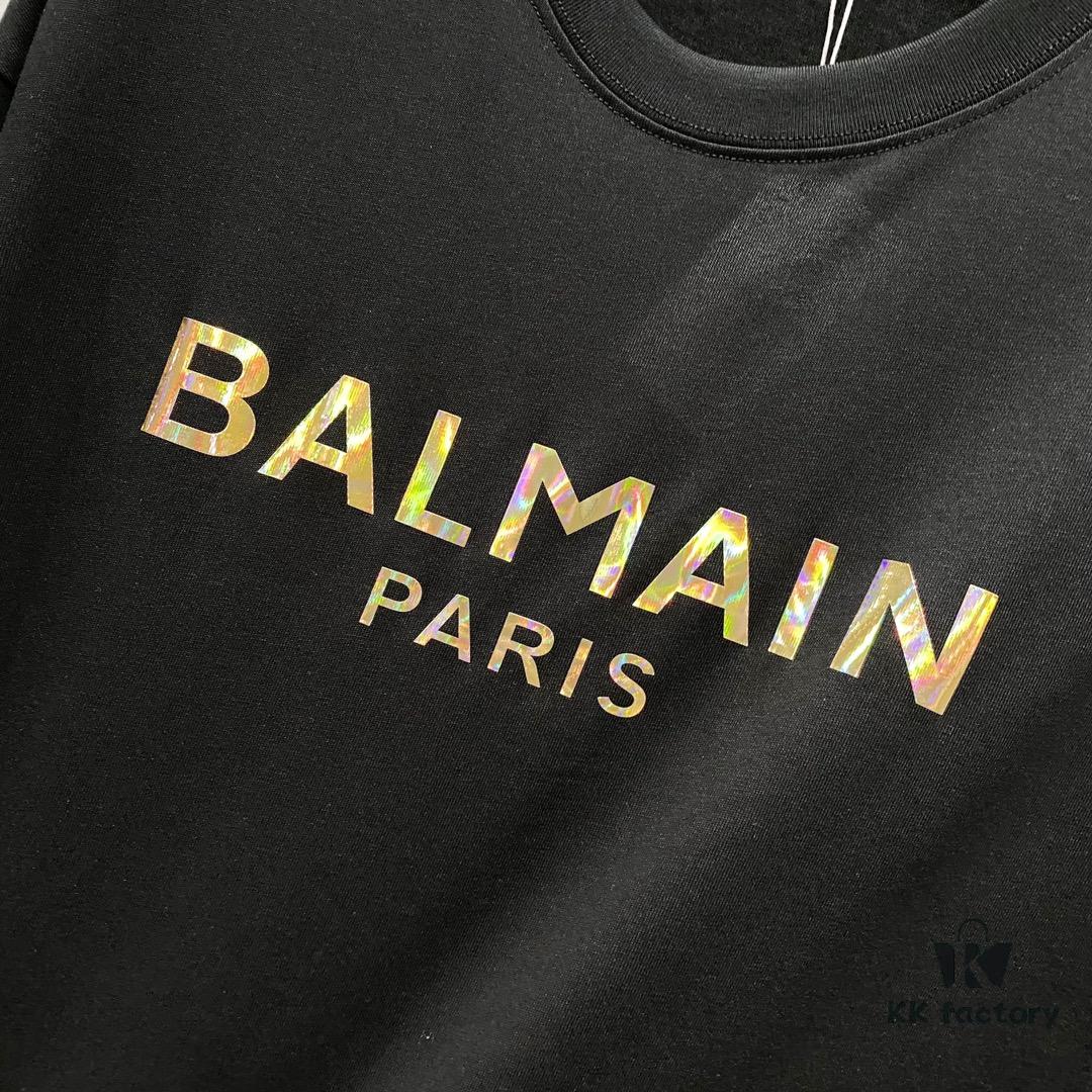 6931a4e7ccd8ab3d7af99390 BALMAIN 260g Crew Neck Short Sleeve T-Shirt with Classic Gold Foil Logo Print
