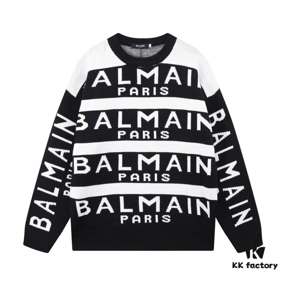 6931a4f3ccd8ab3d7af99475 Balmain BALMAIN Letter Logo Striped Knit Sweater Woolen Pullover