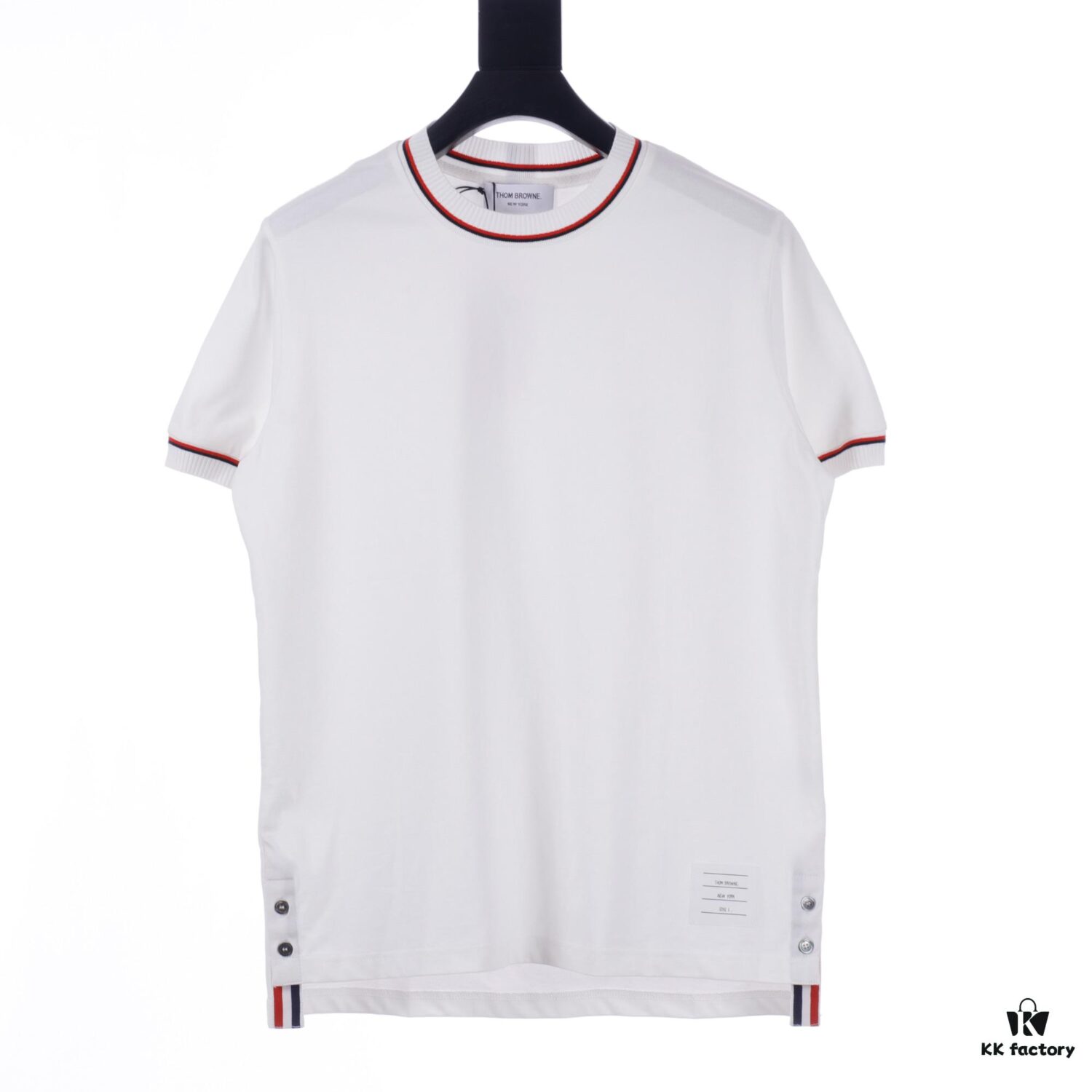 6931a4feccd8ab3d7af99532 THOM BROWNE TB Red Stripe Woven Crew Neck Short Sleeve T-Shirt