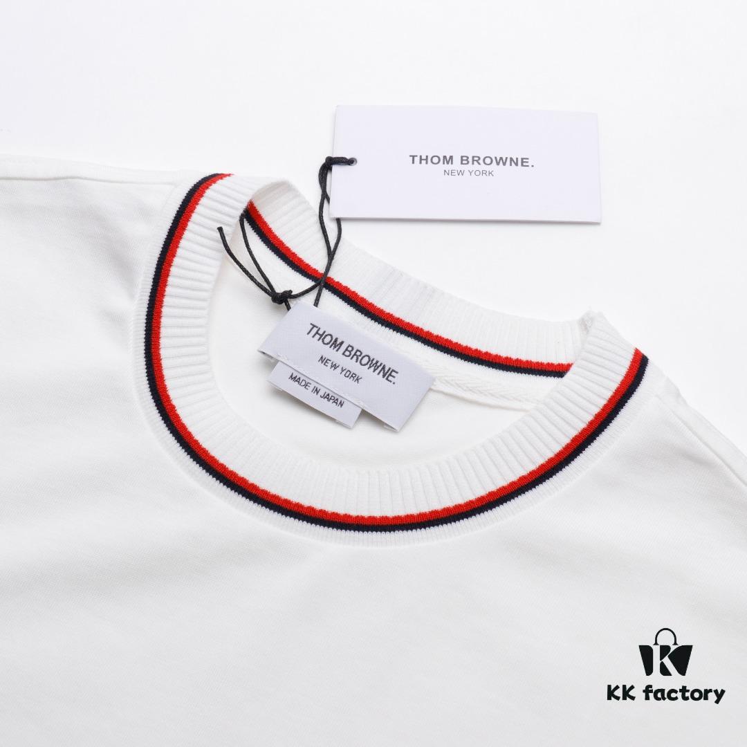 6931a4feccd8ab3d7af99533 THOM BROWNE TB Red Stripe Woven Crew Neck Short Sleeve T-Shirt