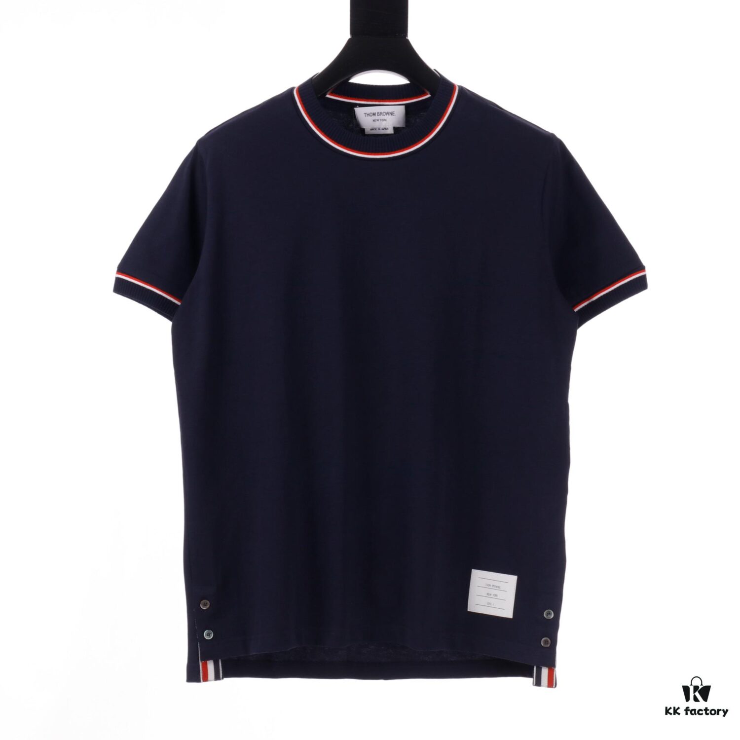 6931a4ffccd8ab3d7af9954f THOM BROWNE TB Red Stripe Woven Crew Neck Short Sleeve T-Shirt in Navy