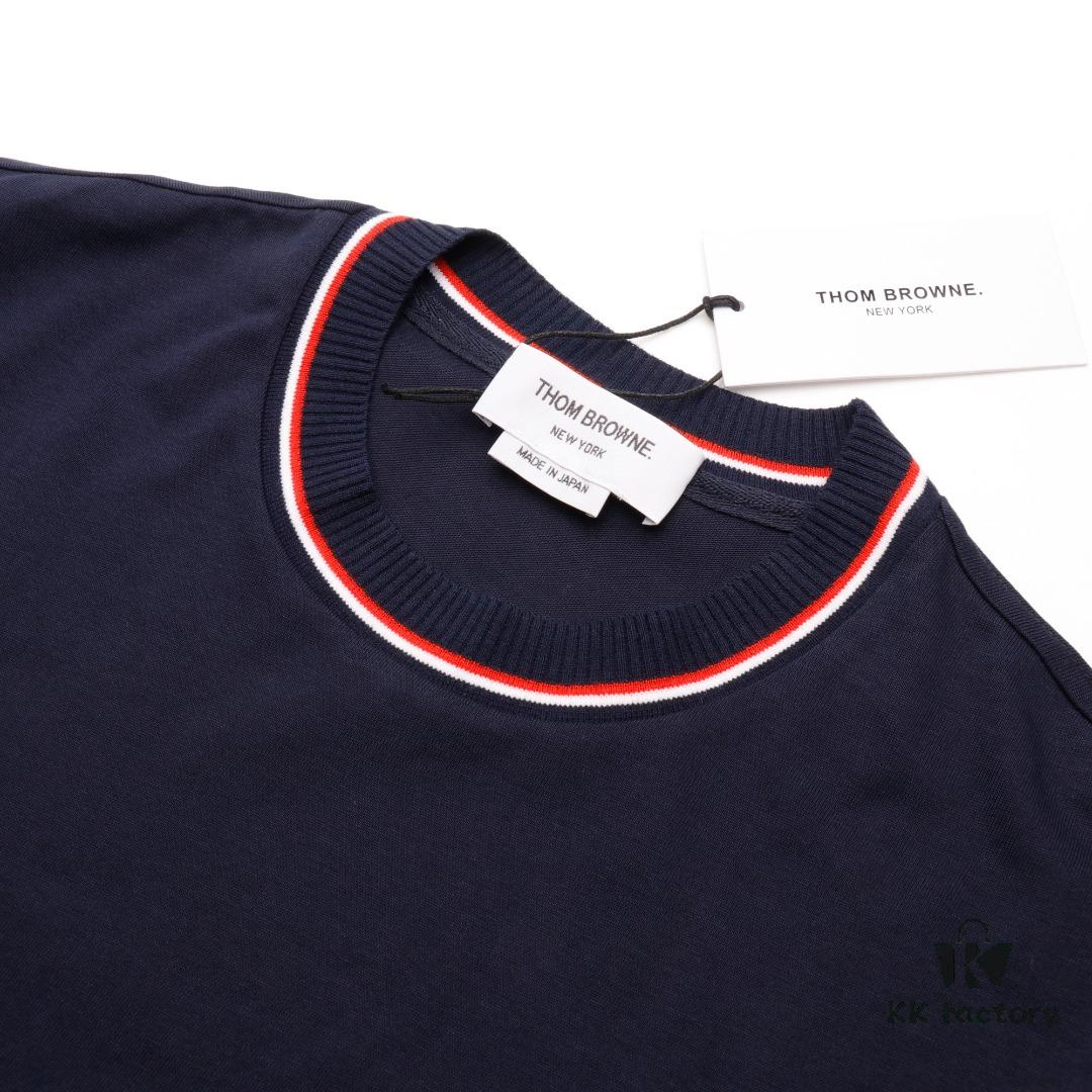 6931a4ffccd8ab3d7af99550 THOM BROWNE TB Red Stripe Woven Crew Neck Short Sleeve T-Shirt in Navy