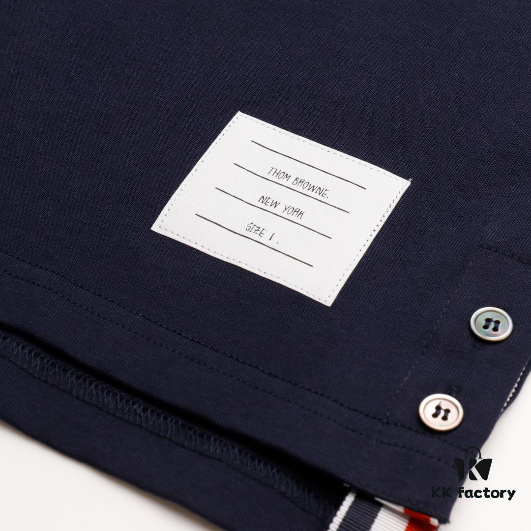 6931a4ffccd8ab3d7af99552 THOM BROWNE TB Red Stripe Woven Crew Neck Short Sleeve T-Shirt in Navy
