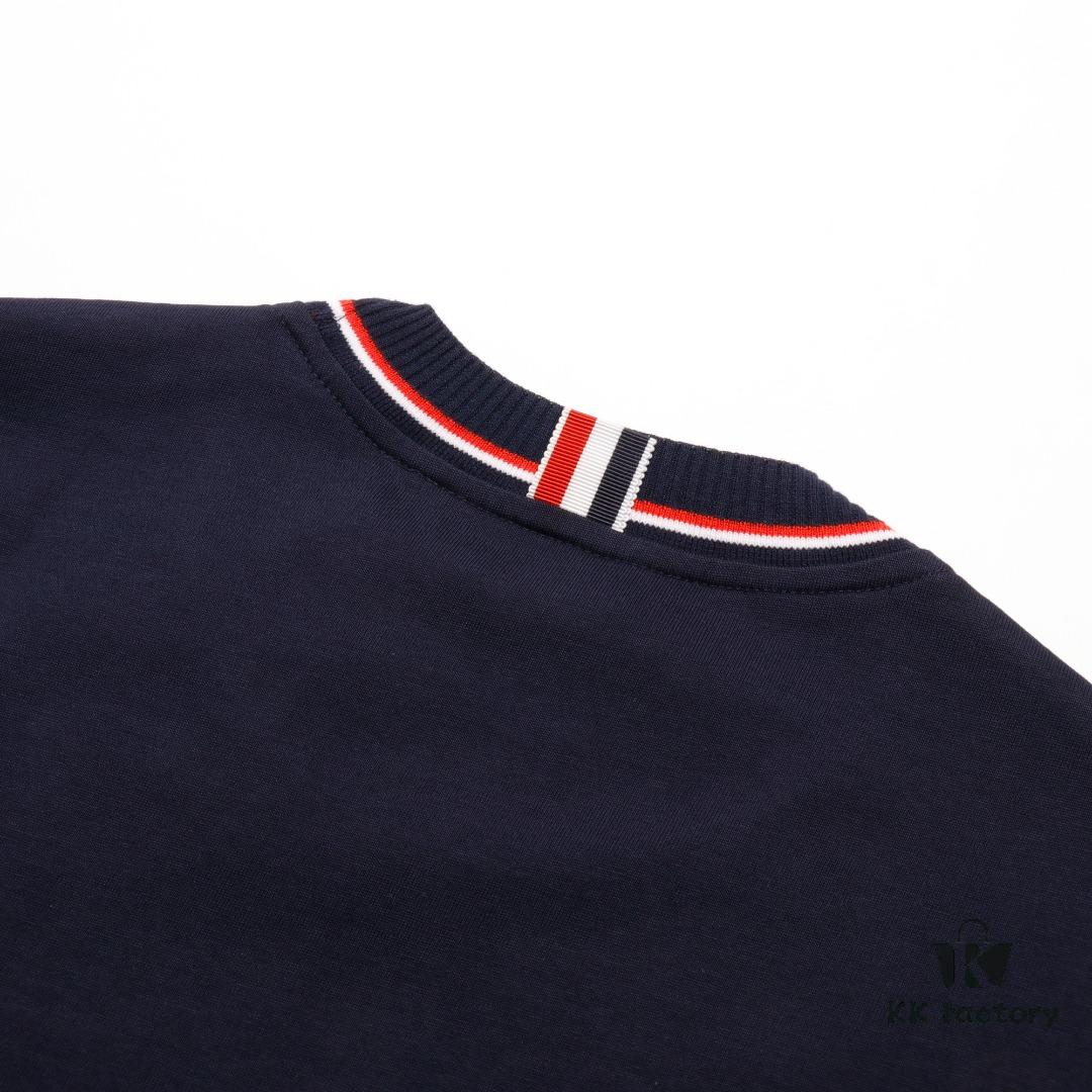 6931a500ccd8ab3d7af99555 THOM BROWNE TB Red Stripe Woven Crew Neck Short Sleeve T-Shirt in Navy