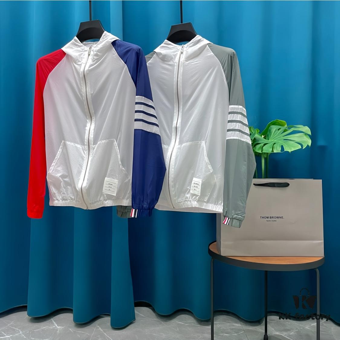 6931a519ccd8ab3d7af99667 THOM BROWNE ➡️ Tom Brown Sun Protection Jacket, Summer Classic Color-Blocked Four-Stripe Lightweight Breathable Hooded Skin Coat