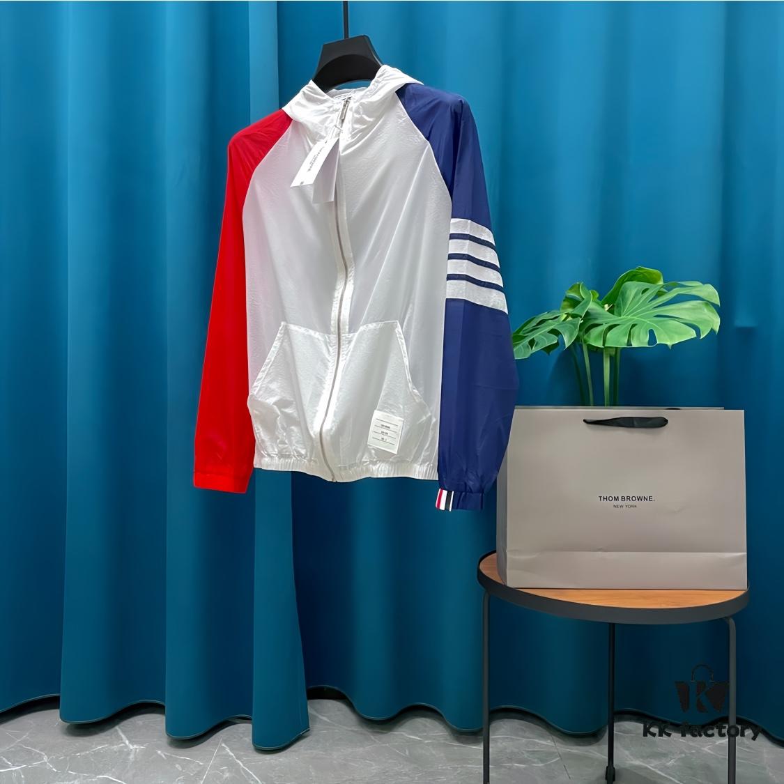 6931a519ccd8ab3d7af99669 THOM BROWNE ➡️ Tom Brown Sun Protection Jacket, Summer Classic Color-Blocked Four-Stripe Lightweight Breathable Hooded Skin Coat