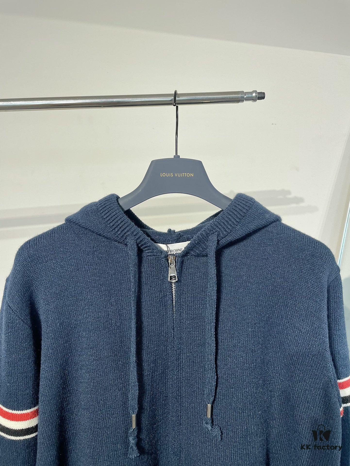 6931a51bccd8ab3d7af9968d THOM BROWNE Fall 2024 New Arrival Tricolor Sleeve Stripe Colorblock Zipper Knit Hooded Jacket, Classic TB Logo Zip-Up Cardigan, Rich and Textured Overall Color, Wool Blend Fabric with Soft Comfort, Contrasting Stripes Add Design Flair – Stylish, Unique, and Versatile Hooded Zip-Up Outerwear