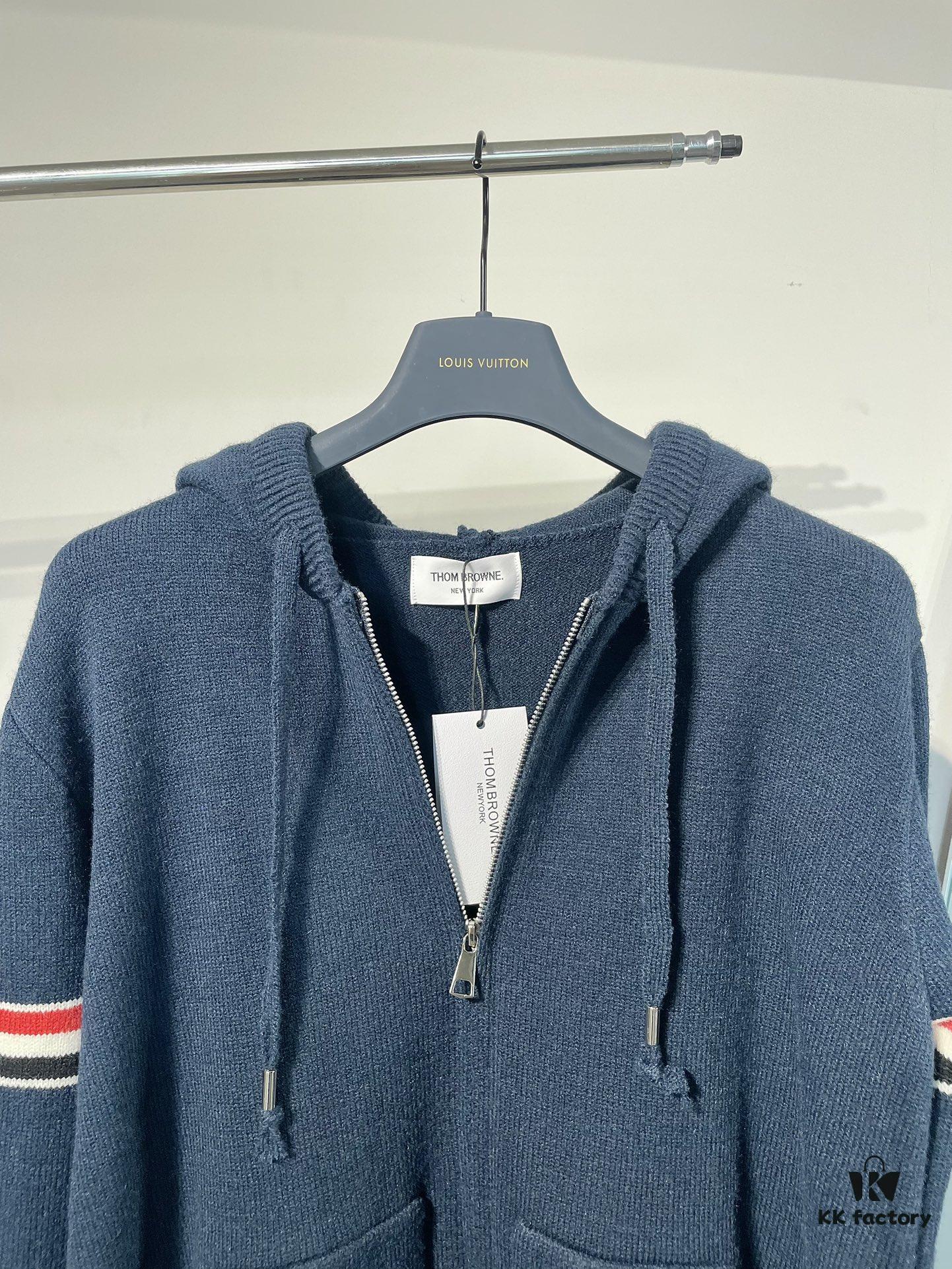 6931a51bccd8ab3d7af9968e THOM BROWNE Fall 2024 New Arrival Tricolor Sleeve Stripe Colorblock Zipper Knit Hooded Jacket, Classic TB Logo Zip-Up Cardigan, Rich and Textured Overall Color, Wool Blend Fabric with Soft Comfort, Contrasting Stripes Add Design Flair – Stylish, Unique, and Versatile Hooded Zip-Up Outerwear