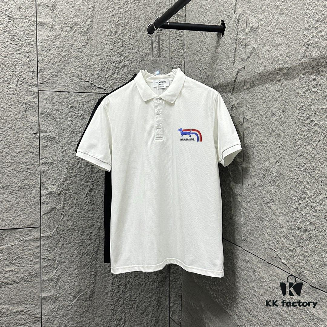 6931a51fccd8ab3d7af996d8 TB*Tom* Short Sleeve Polo 2025 Spring Summer New Arrival Minimalist Red White Blue Scarf Dog Embroidery Beaded Fabric Unisex Short Sleeve Polo Collar