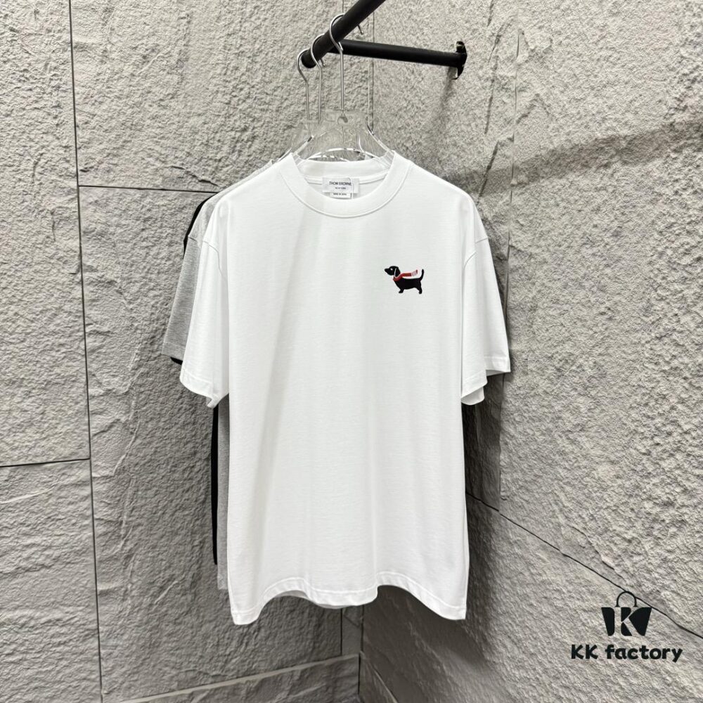TB*Tommy* 2025 Spring and Summer New Arrival Classic Scarf Dog Embroidery Short Sleeve T-Shirt Custom Double Gauze Plain Weave Pure Cotton 300 Fabric Unisex