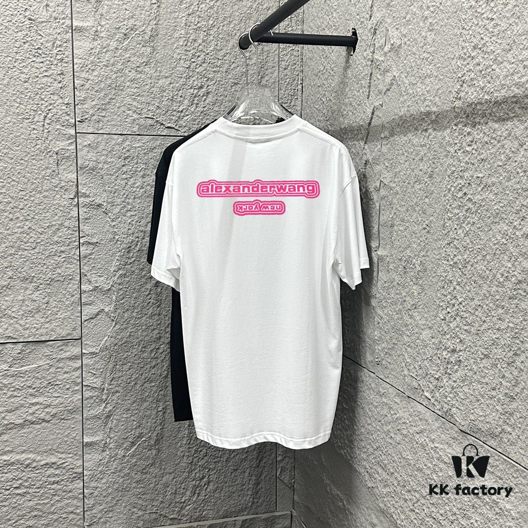 6931a53fccd8ab3d7af998e6 Alexander Wang 2025 Spring/Summer New Arrival Short Sleeve T-Shirt with Pink 'Wang' Silicone Print on Front and Back, Made of Custom Double Gauze Plain Cotton 300 Fabric, Unisex Design