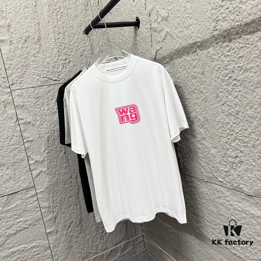 6931a53fccd8ab3d7af998e7 Alexander Wang 2025 Spring/Summer New Arrival Short Sleeve T-Shirt with Pink 'Wang' Silicone Print on Front and Back, Made of Custom Double Gauze Plain Cotton 300 Fabric, Unisex Design