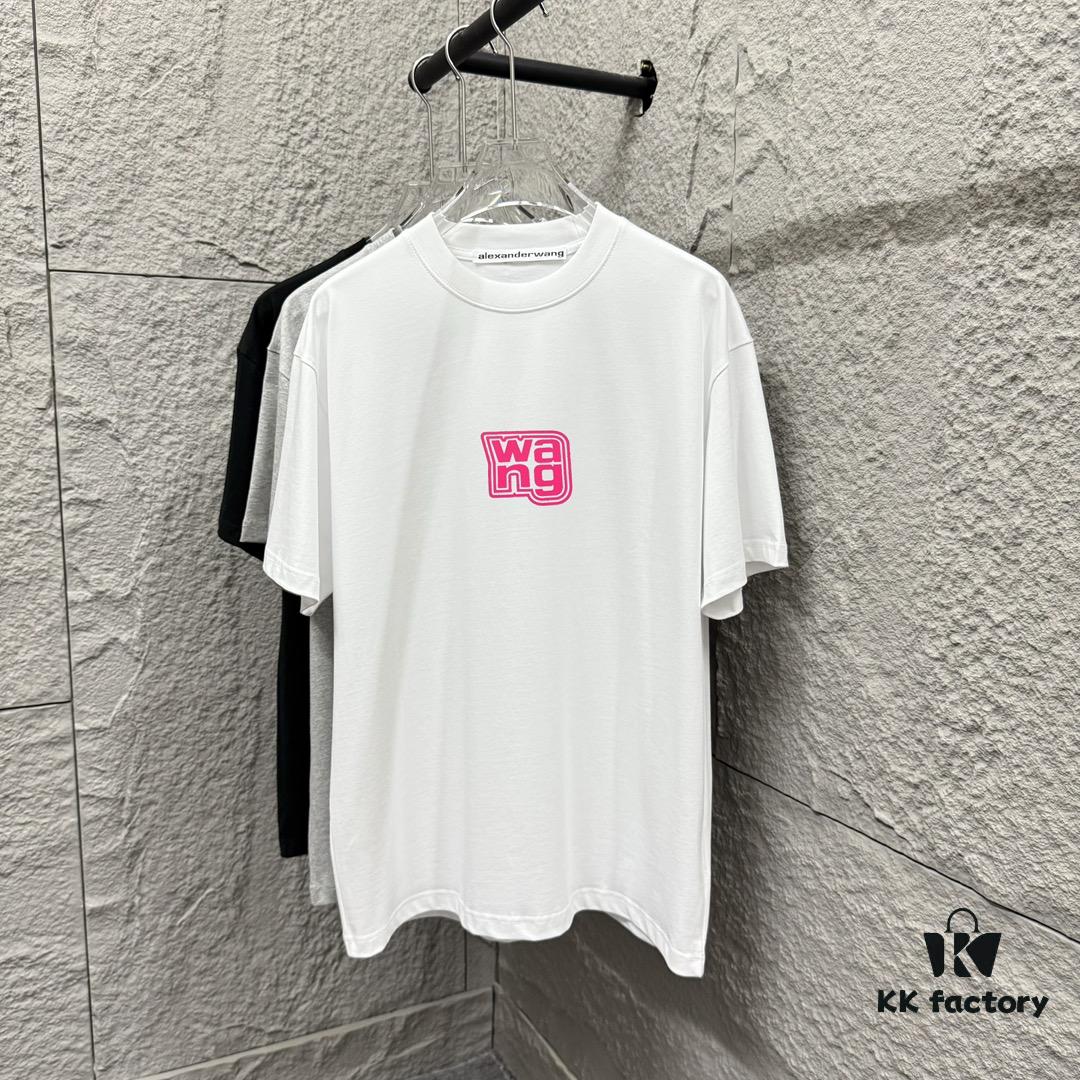 6931a53fccd8ab3d7af998e8 Alexander Wang 2025 Spring/Summer New Arrival Short Sleeve T-Shirt with Pink 'Wang' Silicone Print on Front and Back, Made of Custom Double Gauze Plain Cotton 300 Fabric, Unisex Design