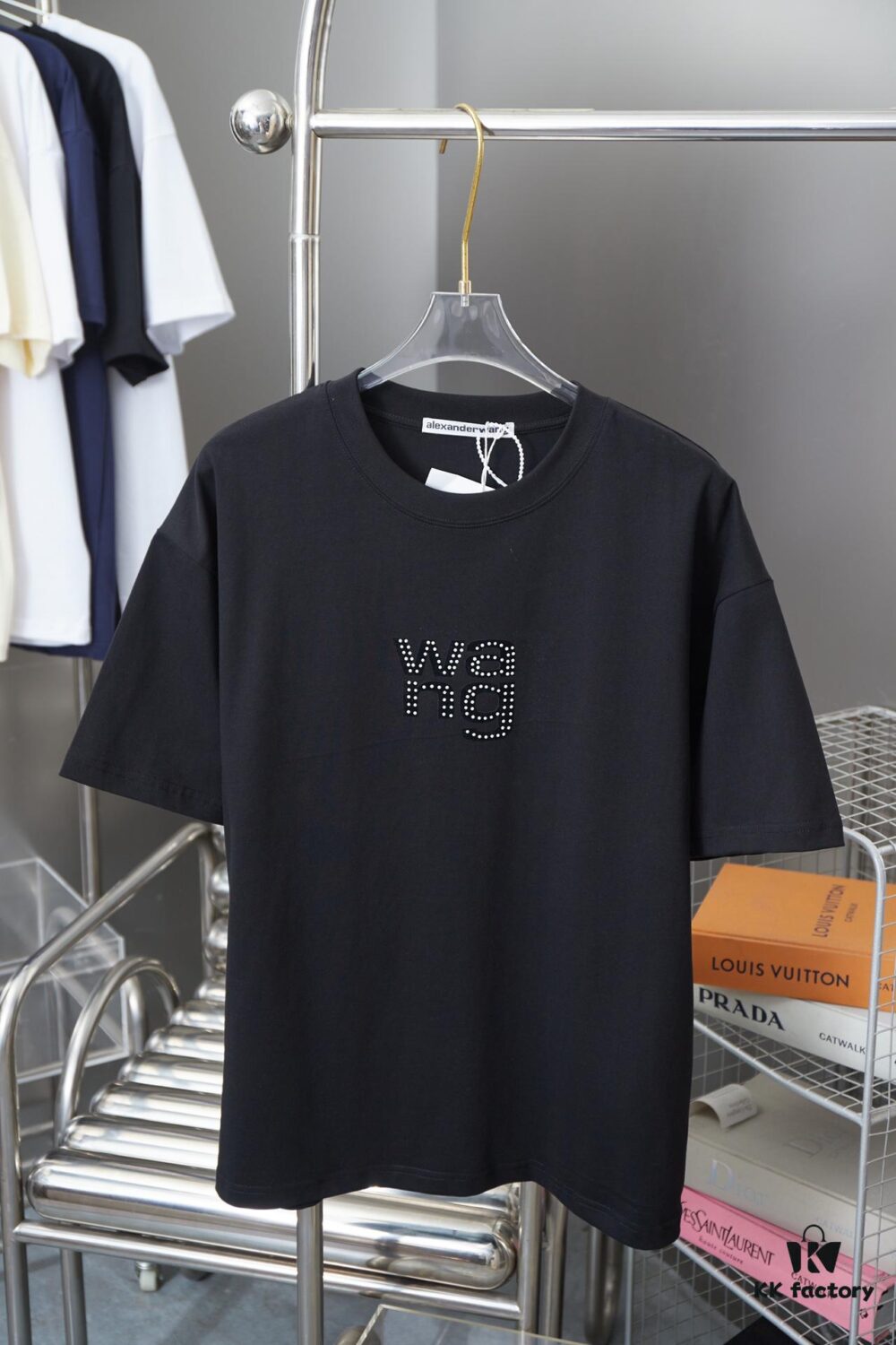 6931a54accd8ab3d7af999ac Alexarde*wang 25SS Early Spring New Arrival 3D Velvet Flocked Letter Pearl Rhinestone Short Sleeve T-Shirt