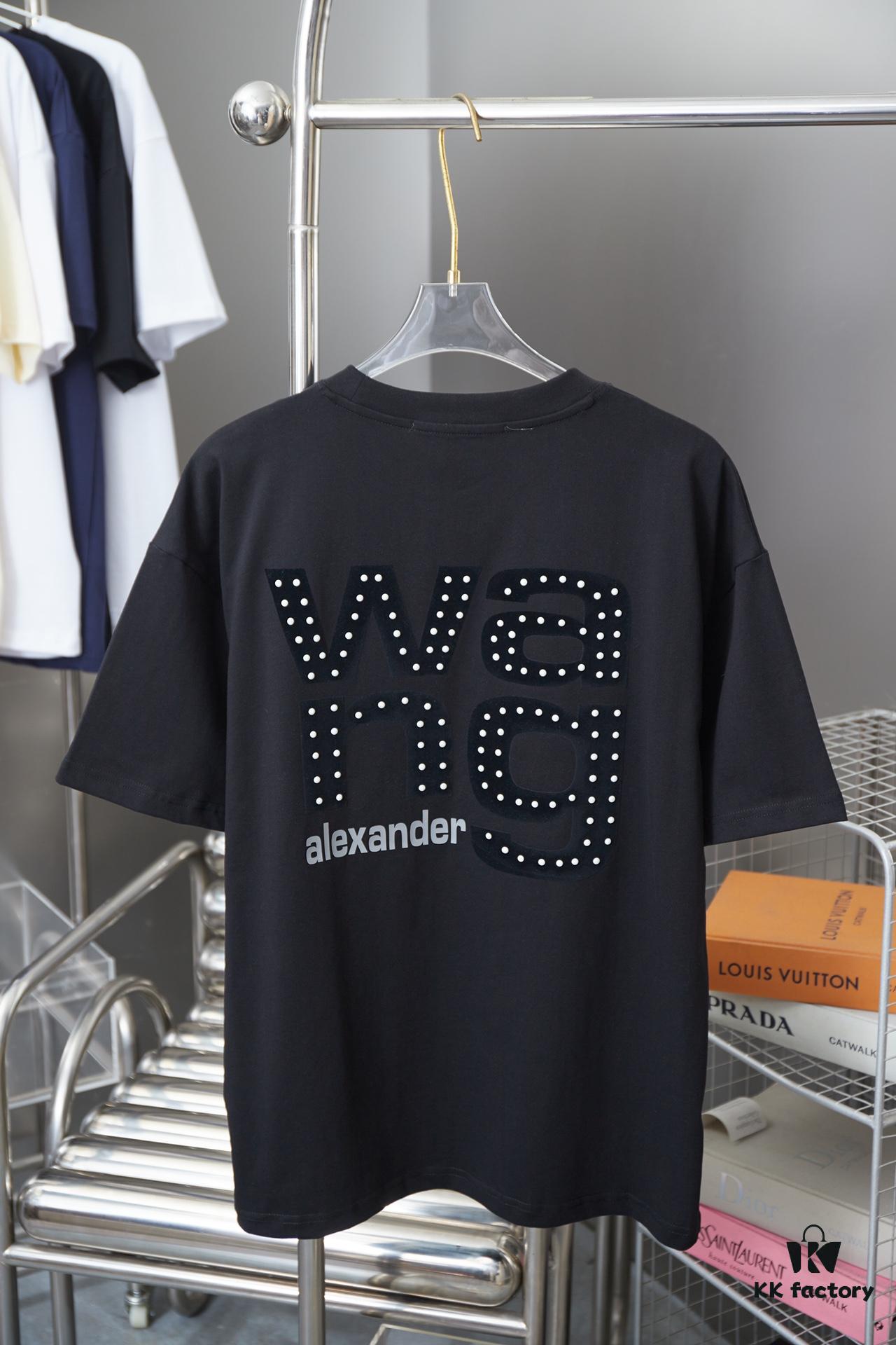 6931a54accd8ab3d7af999ad Alexarde*wang 25SS Early Spring New Arrival 3D Velvet Flocked Letter Pearl Rhinestone Short Sleeve T-Shirt