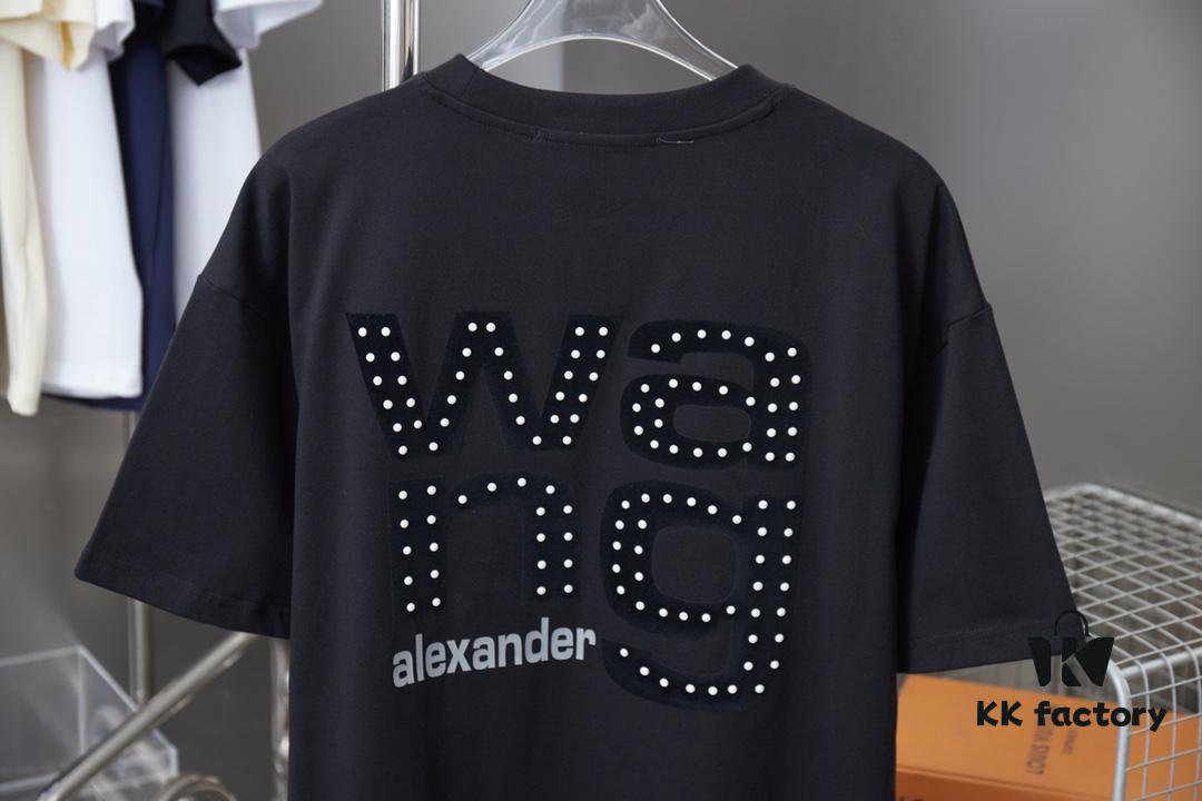 6931a54accd8ab3d7af999b1 Alexarde*wang 25SS Early Spring New Arrival 3D Velvet Flocked Letter Pearl Rhinestone Short Sleeve T-Shirt