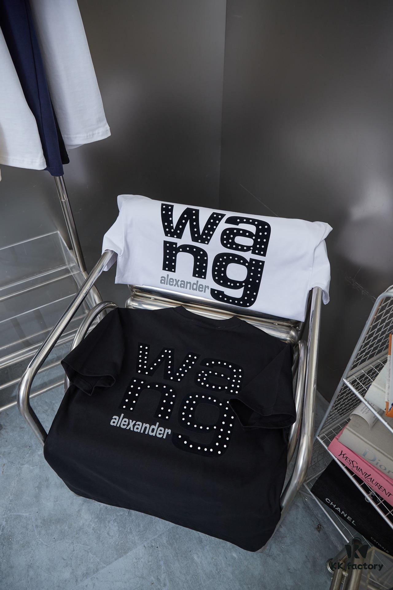 6931a54accd8ab3d7af999b3 Alexarde*wang 25SS Early Spring New Arrival 3D Velvet Flocked Letter Pearl Rhinestone Short Sleeve T-Shirt