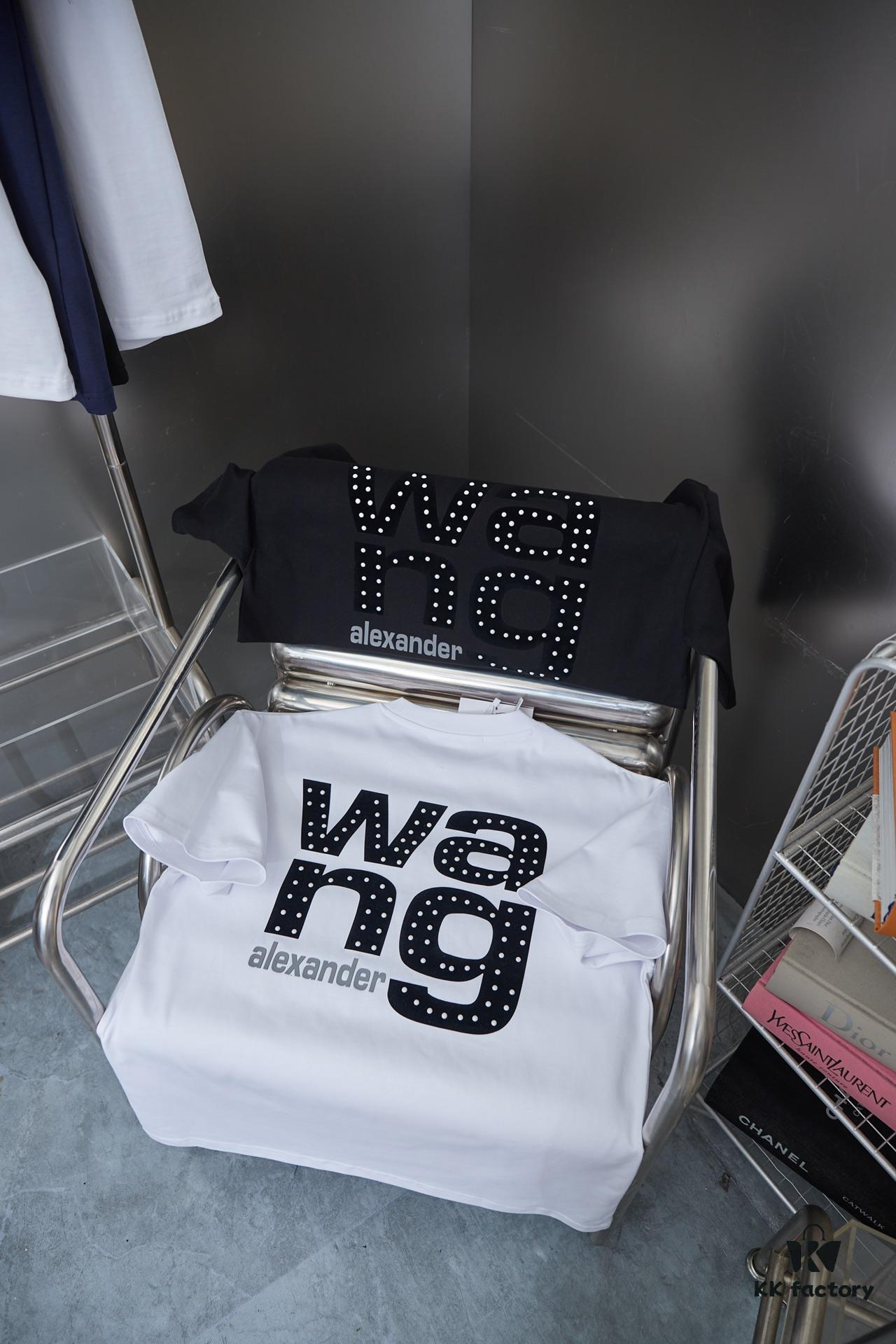 Alexarde*wang 25SS Early Spring New Arrival 3D Flocked Letter Pearl Rhinestone Short Sleeve T-Shirt