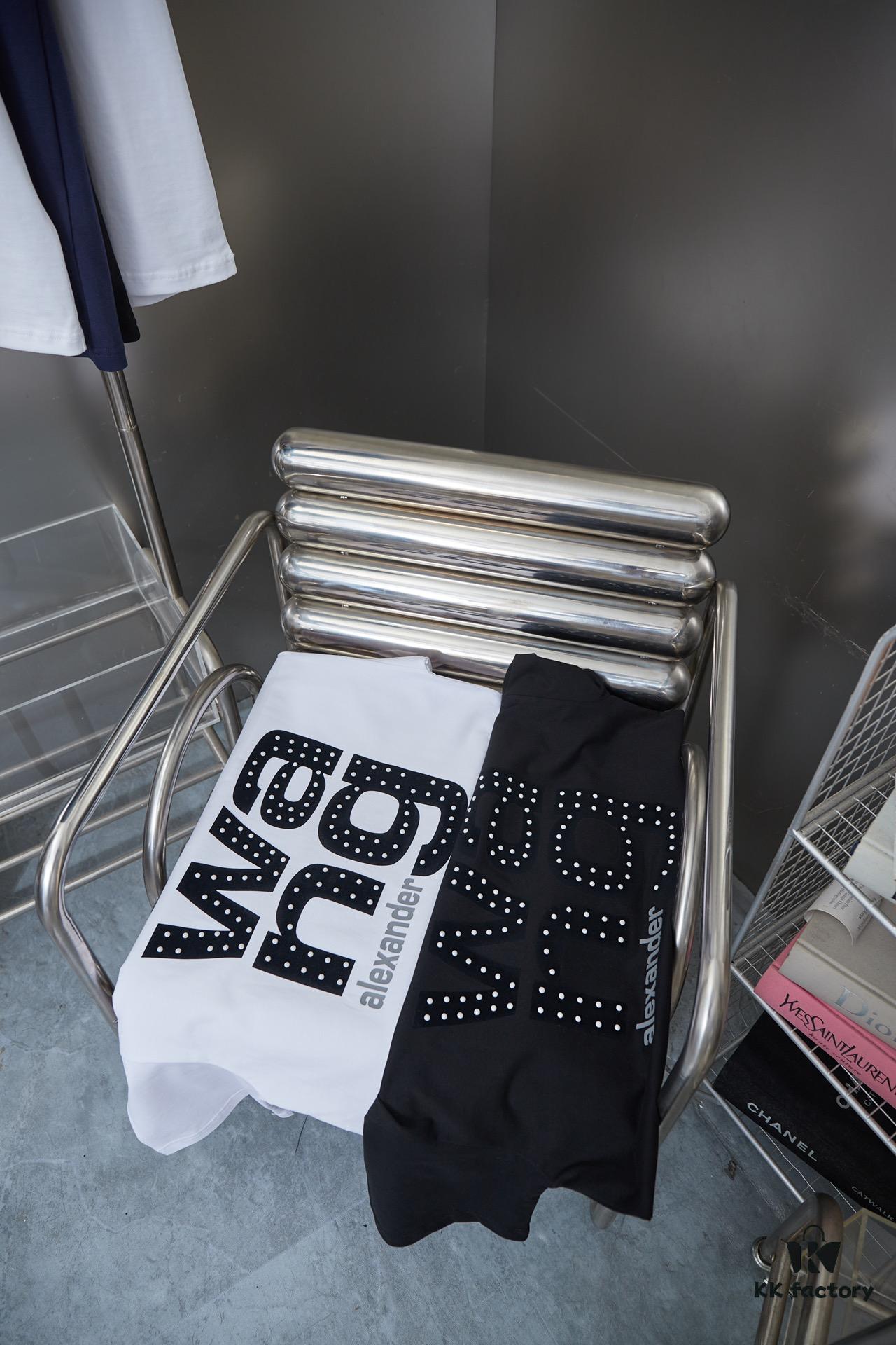 Alexarde*wang 25SS Early Spring New Arrival 3D Flocked Letter Pearl Rhinestone Short Sleeve T-Shirt