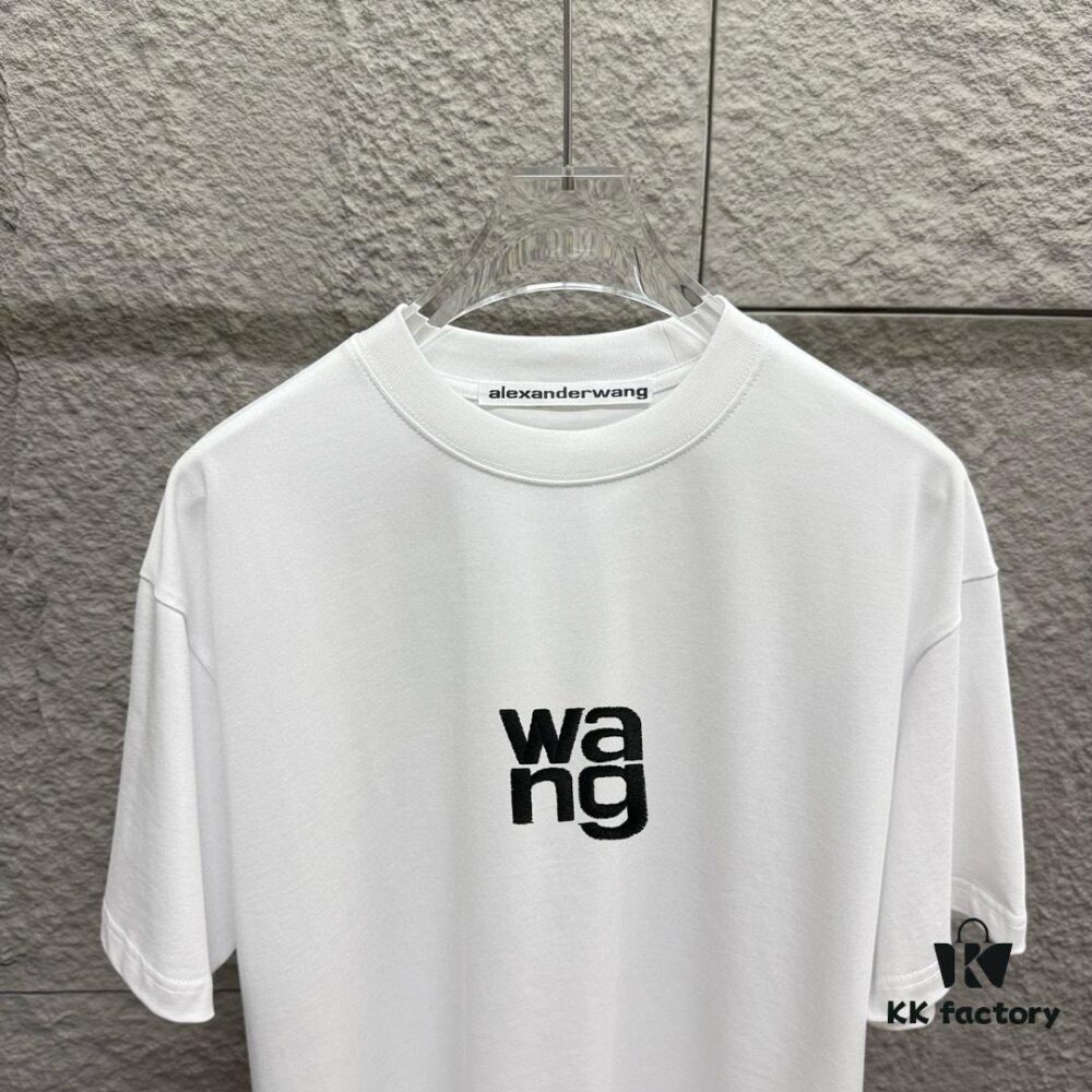 6931a551ccd8ab3d7af999e2 Alexander Wang 2025 Spring/Summer New Arrival Short Sleeve T-Shirt with Embroidered 'Wang' Logo on Chest and Printed Lettering on Back, Unisex Design Made from Custom Double-Gauze Plain-Woven 300g Cotton Fabric