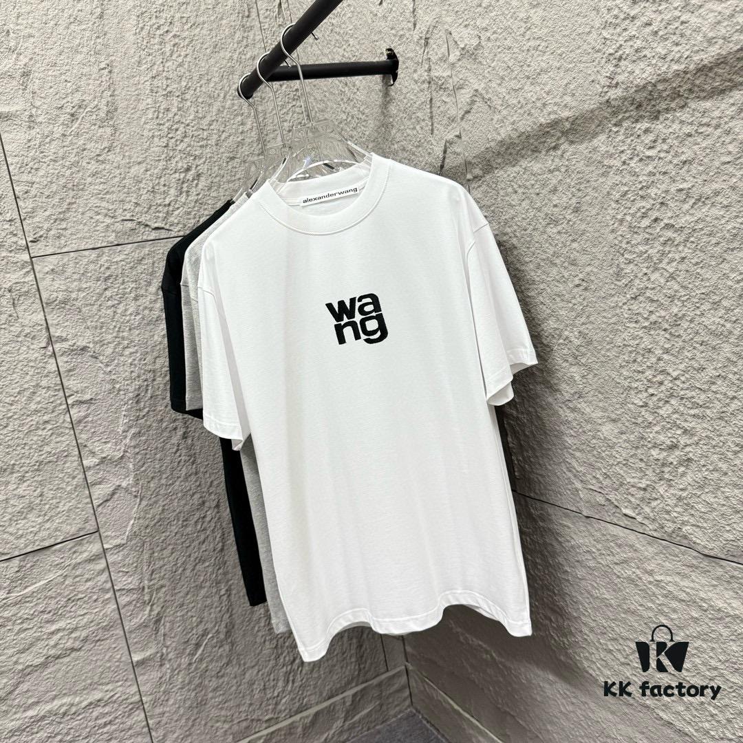 6931a551ccd8ab3d7af999e5 Alexander Wang 2025 Spring/Summer New Arrival Short Sleeve T-Shirt with Embroidered 'Wang' Logo on Chest and Printed Lettering on Back, Unisex Design Made from Custom Double-Gauze Plain-Woven 300g Cotton Fabric