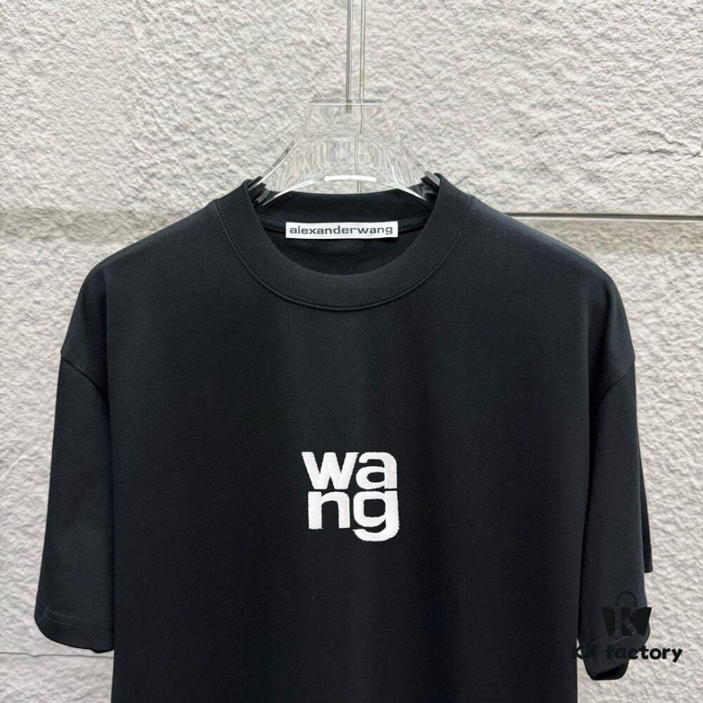 6931a551ccd8ab3d7af999eb Alexander Wang 2025 Spring/Summer New Arrival Short Sleeve T-Shirt with Embroidered 'Wang' Logo on Chest and Printed Lettering on Back, Unisex Design Made from Custom Dual-Yarn Plain-Woven 300g Cotton Fabric