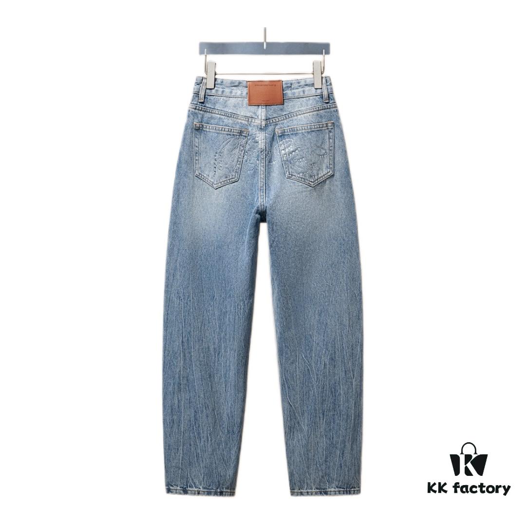 6931a567ccd8ab3d7af99b79 Alex Rhinestone Embellished Curved-Cut Denim Trousers