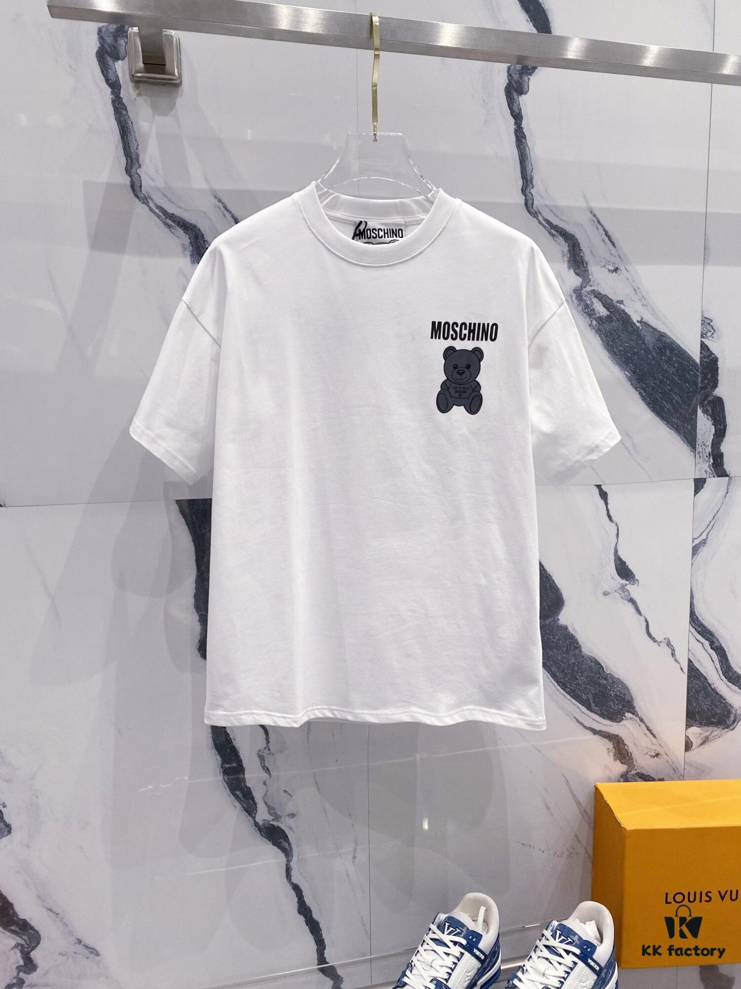 6931a591ccd8ab3d7af99e30 MOSCHINO 260g Crew Neck Short Sleeve T-Shirt with Cute Grey Bear and Letter Logo Print