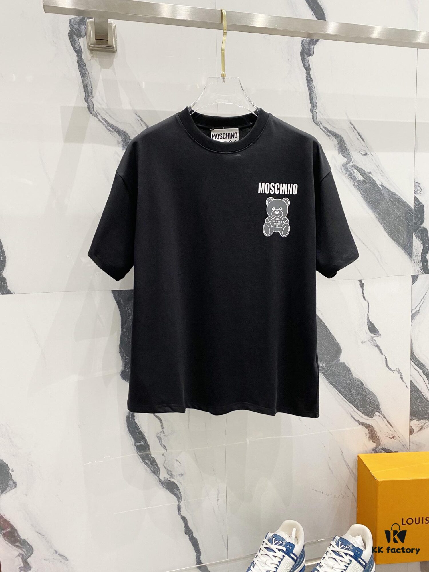 6931a591ccd8ab3d7af99e39 MOSCHINO 260g Crew Neck Short Sleeve T-Shirt with Cute Gray Bear and Letter Logo Print