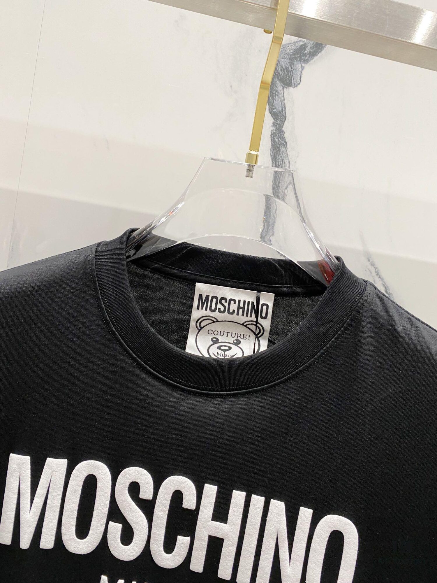 6931a597ccd8ab3d7af99ea8 MOSCHINO 260g Crew Neck Short Sleeve T-Shirt with Classic Brand Logo Foil Print