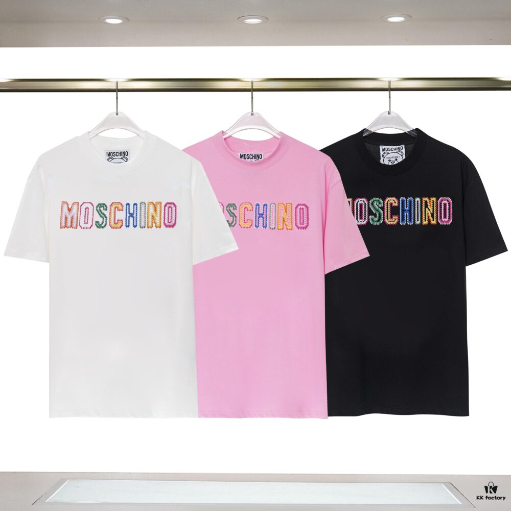 6931a5a7ccd8ab3d7af99fc8 Q628#♈️ Fine Cotton Double-Yarn MOSCHINO New Short Sleeve T-Shirt, 230g Double-Ply 32s Pure Cotton Fabric with Special Machine Embroidery, Unisex Design