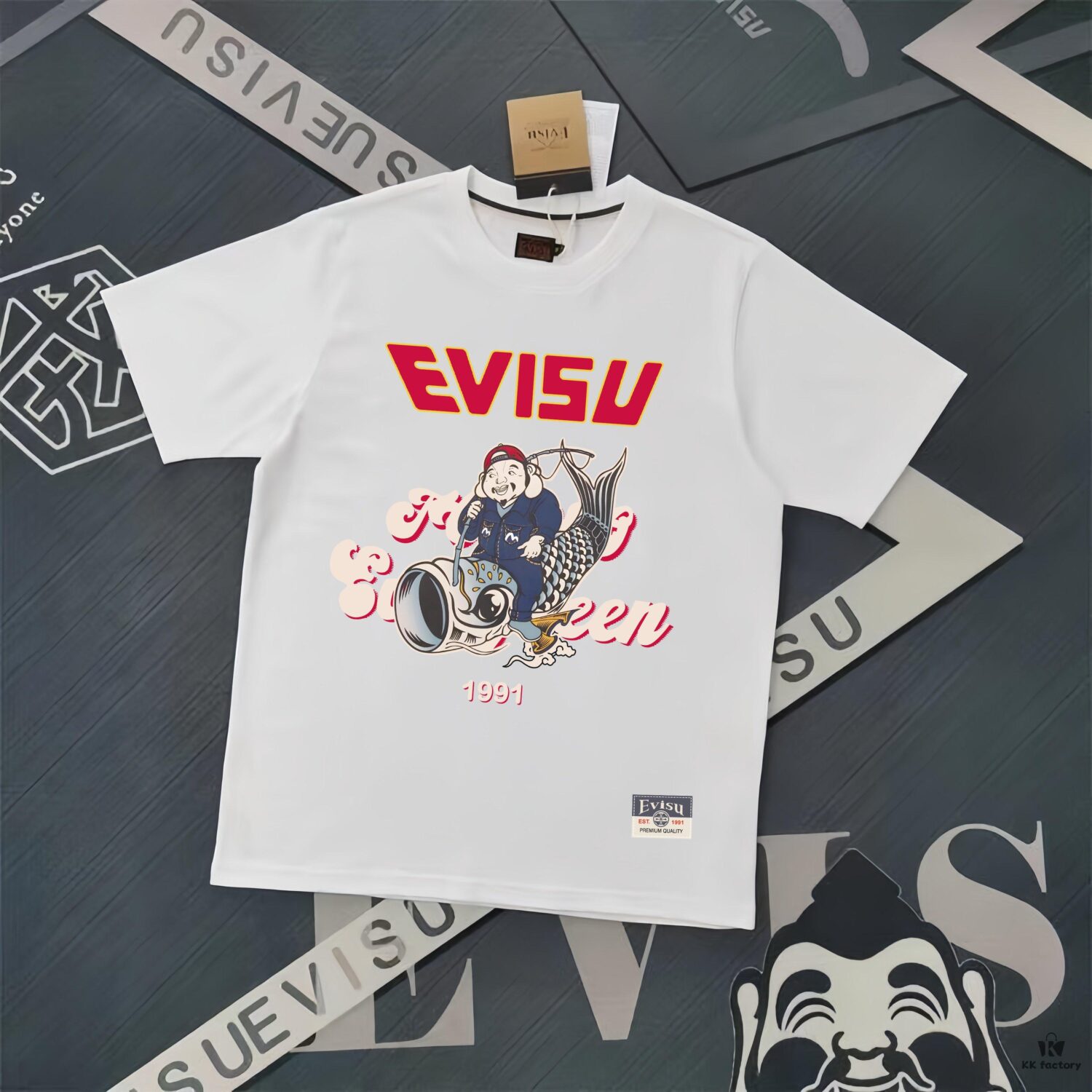 6931a5caccd8ab3d7af9a20a Evisu 2025 New Year God Printed T-Shirt High Version High Quality 300g Double-Yarn Pure Cotton Fabric Unisex Loose Fit