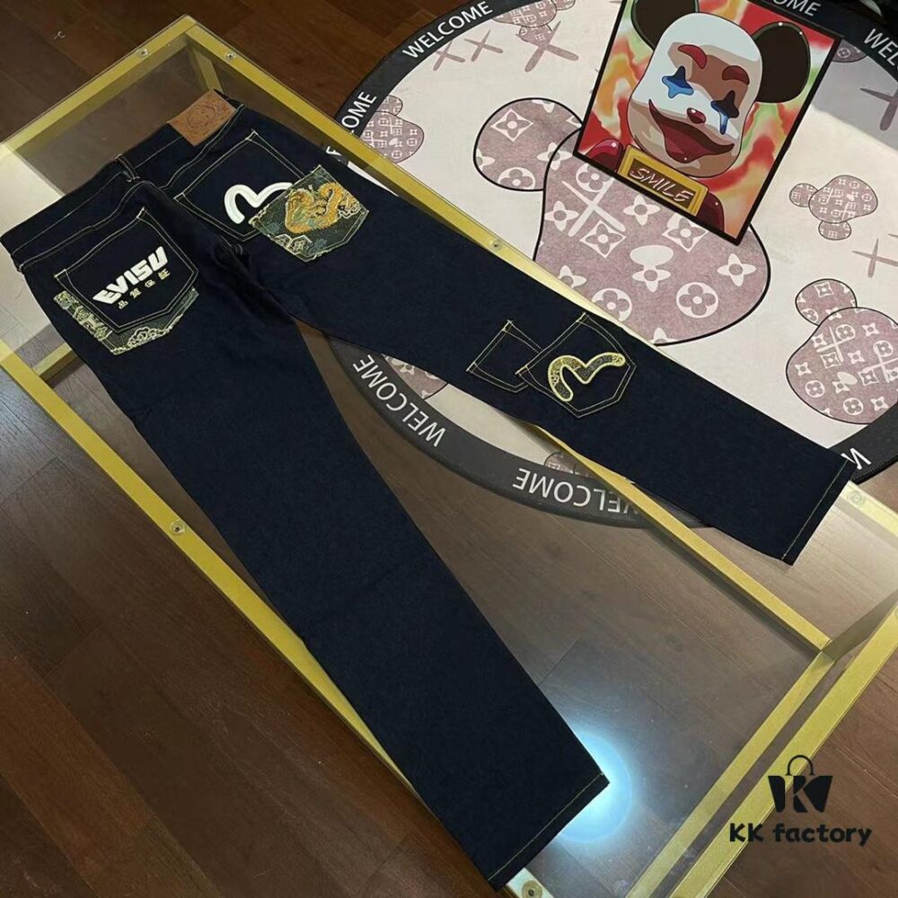 EVISU 2024 Spring/Summer New Men's Straight Narrow Jeans with Embroidered Seagull and Patch Pockets