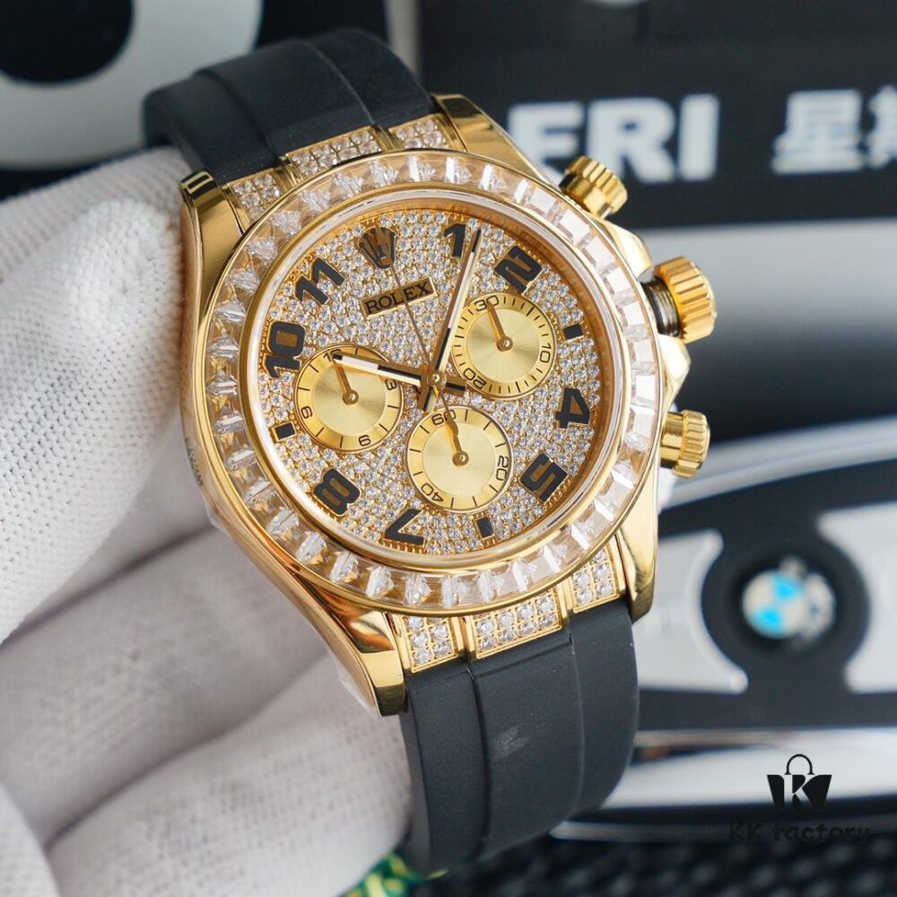 6931a5fcccd8ab3d7af9a579 Original Replica, Top-Tier Market Grade: Rolex Daytona with Fully Paved Diamond Dial and Black Enamel Arabic Numerals
