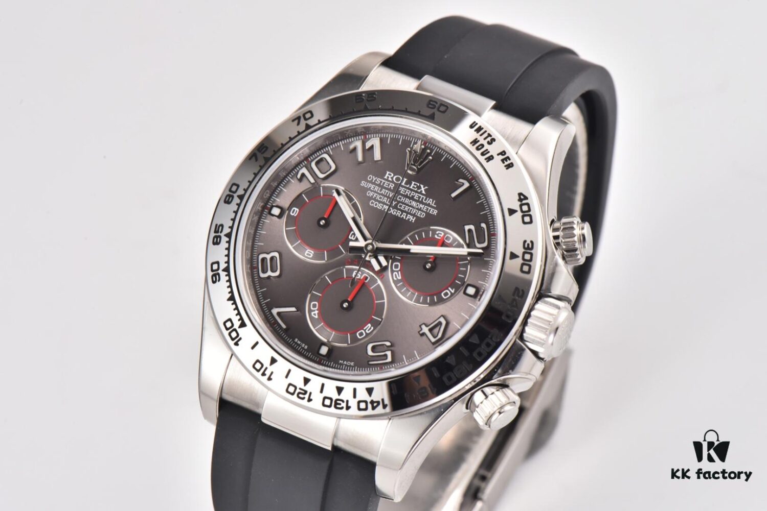 6931a6f3ccd8ab3d7af9b612 C Factory Rolex Daytona 116519 White Gold Grey Meteorite Dial Rubber Strap