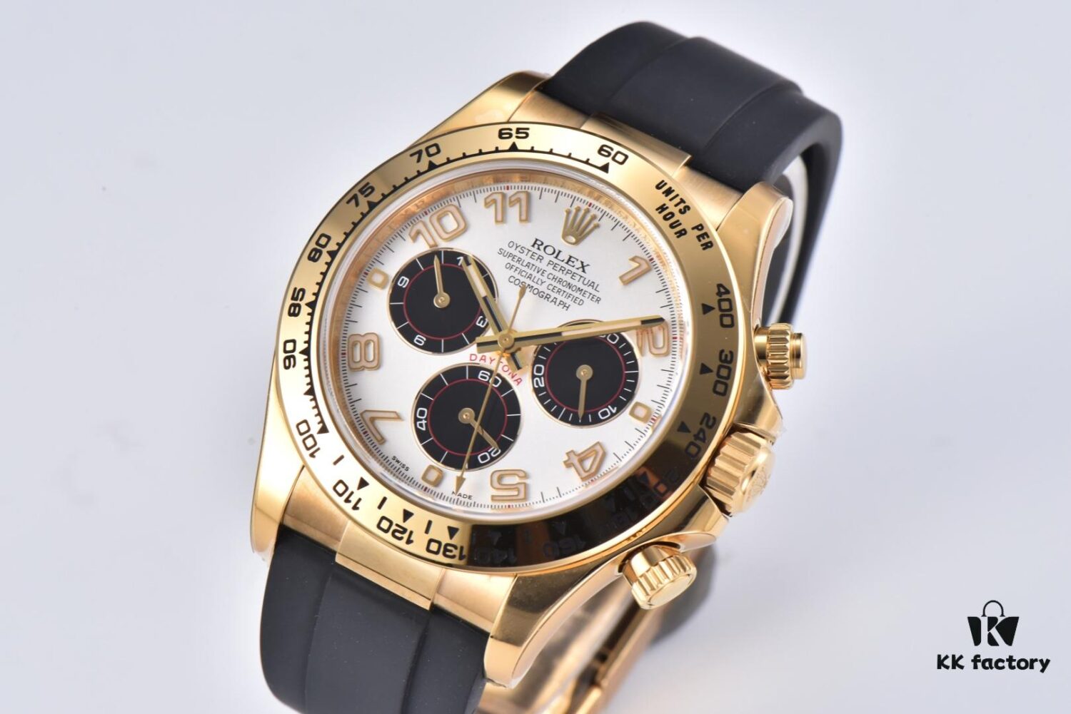 6931a6f5ccd8ab3d7af9b63f CLEAN Factory C-Factor Rolex 116518 Yellow Gold Panda Dial Daytona with Rubber Strap