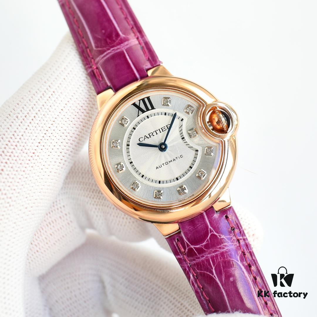 Cartier Ballon Bleu Series RW1 Gold-Plated 18K Gold-Plated Mechanical Ladies' Watch with American Crocodile Leather Strap 33mm Exclusive First Release