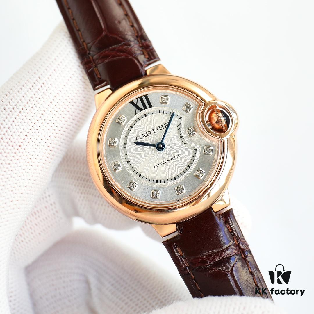 Cartier Ballon Bleu Series RW1 Gold-Plated 18K Gold-Plated Mechanical Ladies' Watch with American Crocodile Leather Strap 33mm Exclusive First Release
