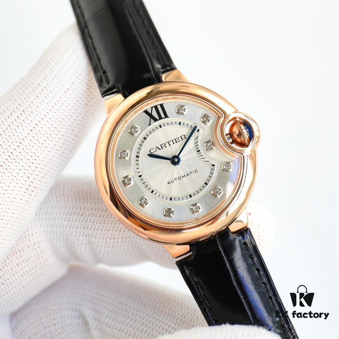 Cartier Ballon Bleu Series RW1 Gold-Plated 18K Gold-Plated Mechanical Ladies' Watch with American Crocodile Leather Strap 33mm Exclusive First Release