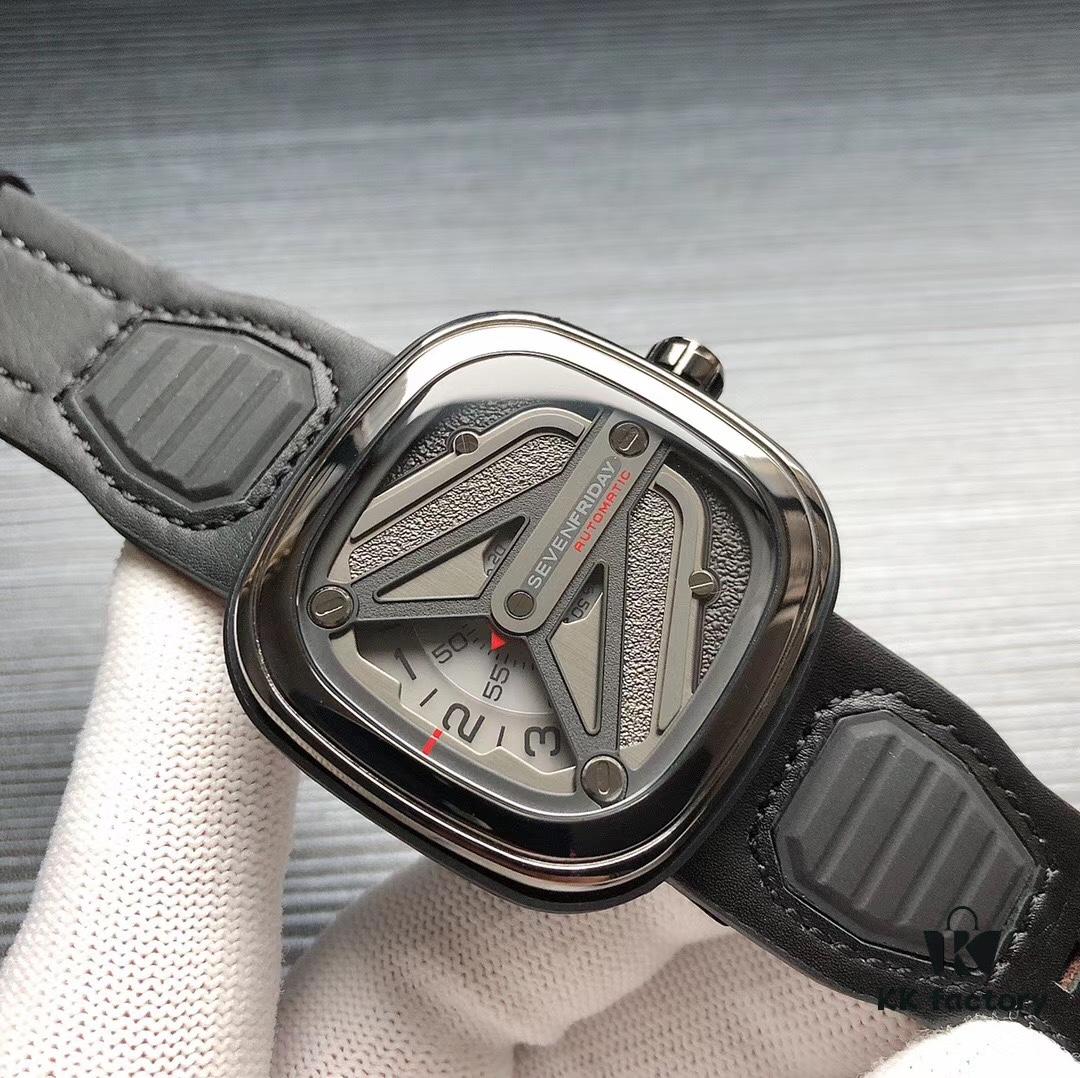 SevenFriday M3/01! Shipment Ready! Model: SF-M3/01, Size: 47mm x 13mm, Movement: Japanese Citizen Miyota 8215 Mechanical Movement [Same as Authentic], Aerodynamic Y-Wing Design with Sandblasted and Polished Black & Gunmetal Dial, Seven Stars Logo at 7 o'clock, Triple Overlapping White Disks for Hours, Minutes and Seconds, Red Accents at 9 o'clock, Red Arrow Indicator for Minutes, 5-Second Increments on Subdial, Premium Men's Mechanical Watch by SJ Quality Guaranteed