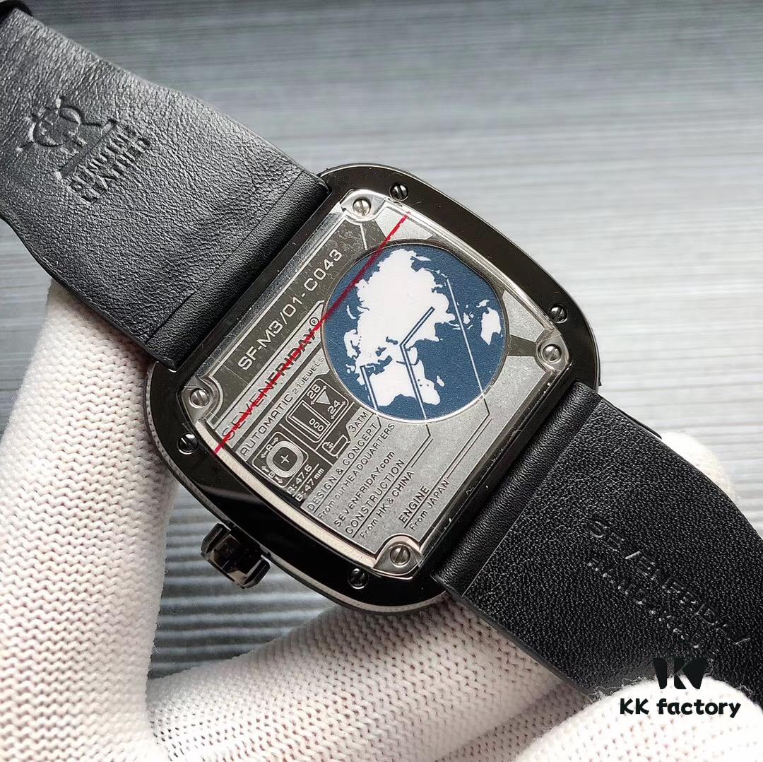 SevenFriday M3/01! Shipment Ready! Model: SF-M3/01, Size: 47mm x 13mm, Movement: Japanese Citizen Miyota 8215 Mechanical Movement [Same as Authentic], Aerodynamic Y-Wing Design with Sandblasted and Polished Black & Gunmetal Dial, Seven Stars Logo at 7 o'clock, Triple Overlapping White Disks for Hours, Minutes and Seconds, Red Accents at 9 o'clock, Red Arrow Indicator for Minutes, 5-Second Increments on Subdial, Premium Men's Mechanical Watch by SJ Quality Guaranteed