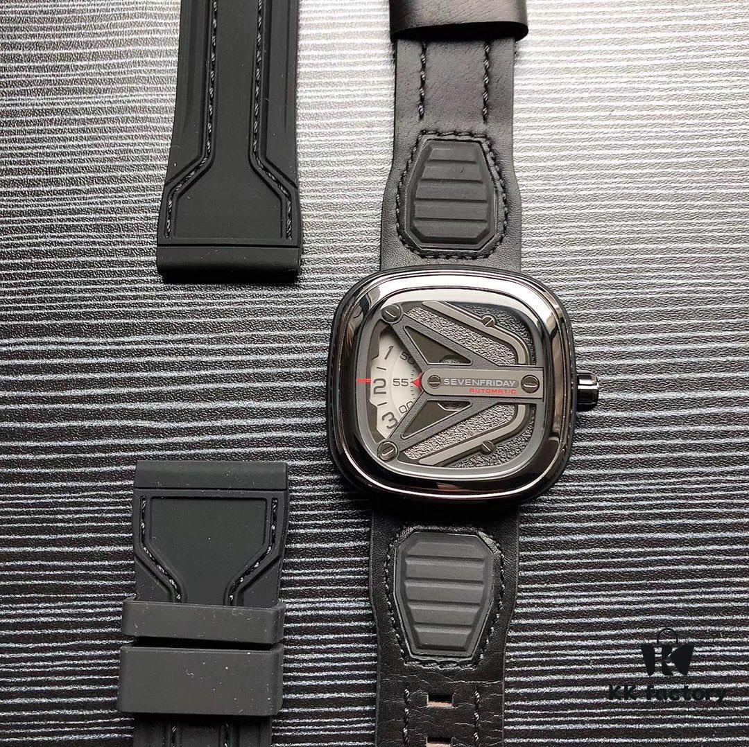 SevenFriday M3/01! Shipment Ready! Model: SF-M3/01, Size: 47mm x 13mm, Movement: Japanese Citizen Miyota 8215 Mechanical Movement [Same as Authentic], Aerodynamic Y-Wing Design with Sandblasted and Polished Black & Gunmetal Dial, Seven Stars Logo at 7 o'clock, Triple Overlapping White Disks for Hours, Minutes and Seconds, Red Accents at 9 o'clock, Red Arrow Indicator for Minutes, 5-Second Increments on Subdial, Premium Men's Mechanical Watch by SJ Quality Guaranteed